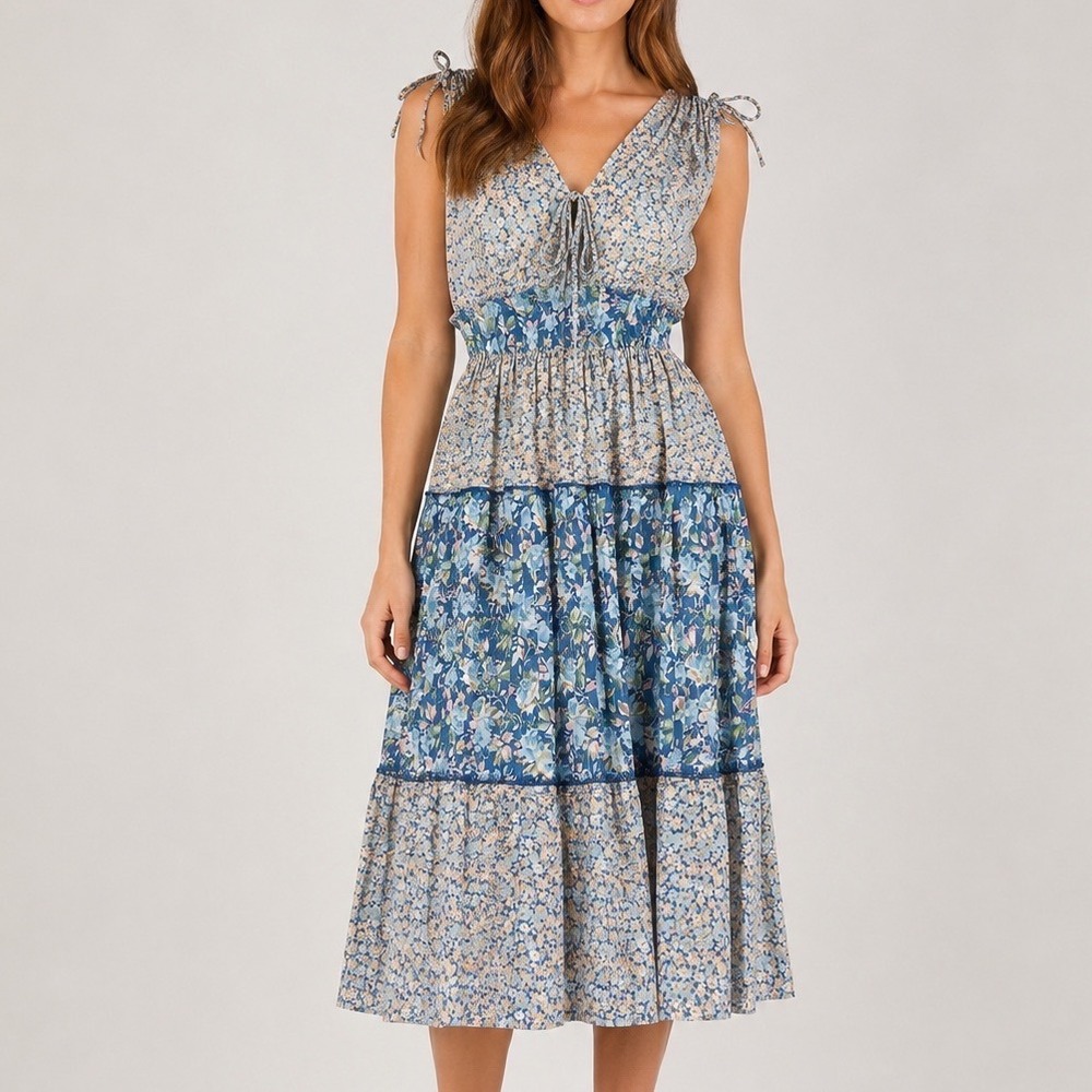 Vtg Floral Tiered Pleated Midi Dress prairie trad wife S 70s cottagecore boho